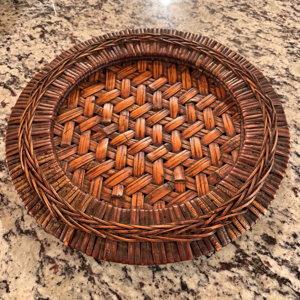 Vintage Handwoven Rattan Reed Round Tray 13" Boho Wicker Wall Decor